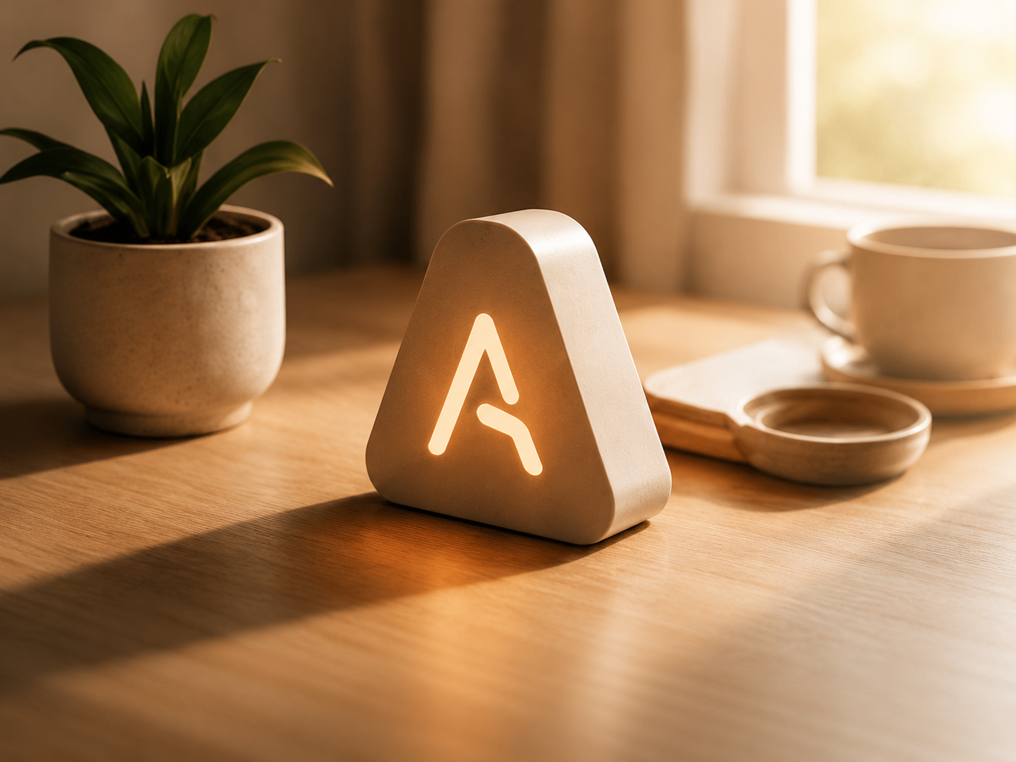 Desk with glowing Artifia A lamp, plant and coffee